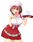  breasts brown_eyes brown_hair glasses hat large_breasts open_mouth short_hair skirt smile solo toki tray waitress wink 