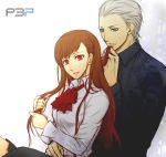  1girl bow brown_hair couple female_protagonist_(persona_3) hair hair_down hair_ornament hitoha long_hair persona persona_3 persona_3_portable red_eyes teodor white_hair yellow_eyes 