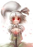  glaring hairband hands_on_hilt homeless_mk_ii katana konpaku_youmu konpaku_youmu_(ghost) looking_at_viewer myon red_eyes short_hair silver_hair solo sword touhou weapon 