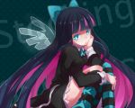  bow dress green_eyes hair_bow leg_hug long_hair multicolored_hair panty_&amp;_stocking_with_garterbelt sitting solo stocking_(character) stocking_(psg) striped striped_legwear striped_thighhighs thigh-highs thighhighs two-tone_hair wings 