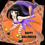  bare_shoulders black_hair breasts broom cleavage grey_eyes halloween hat jack-o-lantern long_hair platform_shoes pumpkin sideboob thigh-highs tung witch_hat 