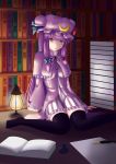  black_thighhighs book bookshelf crescent crescent_moon hat inkwell kou512a lamp long_hair patchouli_knowledge purple_eyes purple_hair quill sitting solo thigh-highs thighhighs touhou violet_eyes wariza 