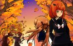  2girls aiwatan autumn blue_eyes brown_hair leaf multiple_girls orange_hair school_uniform serafuku siblings star sunset tree twintails umineko_no_naku_koro_ni ushiromiya_eva ushiromiya_krauss ushiromiya_rosa ushiromiya_rudolf young 