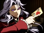  card holding holding_card purple_eyes solo violet_eyes white_hair 