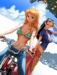  2girls artist_request bare_arms bare_shoulders bicycle bikini_top black_hair blue_sky breasts brown_eyes cleavage closed_mouth clouds earrings jeans jewelry large_breasts long_hair midriff nami navel nico_robin one_piece open_clothes open_shirt orange_hair short_sleeves sky smile sunglasses sunglasses_on_head tattoo zipper 