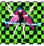 blue_eyes checkered checkered_background dual_swords dual_wielding hat kintaro long_hair multicolored_hair necktie panty_&amp;_stocking_with_garterbelt skirt solo stocking_(character) stocking_(psg) sword two-tone_hair very_long_hair weapon wings 