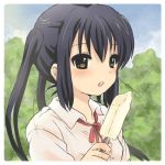  black_hair brown_eyes k-on! kuromoto long_hair lowres nakano_azusa popsicle school_uniform twintails 