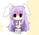  bag bunny_ears chibi fanfad ladfa long_hair purple_hair rabbit_ears red_eyes reisen_udongein_inaba remilia_scarlet shopping_bag solo touhou 