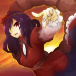  acidrain breasts dutch_angle hair_ornament hair_over_one_eye large_breasts leaf mirror purple_hair red_eyes rope shimenawa solo sunset touhou yasaka_kanako 