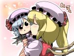  2girls bat_wings blonde_hair blue_hair cheek_kiss chibi closed_eyes dress flandre_scarlet hat highres kiss minigirl multiple_girls remilia_scarlet touhou tsuki_wani wallpaper wings 