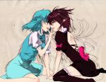  aqua_hair brown_hair colored_eyelashes eyelashes finger_in_mouth highres houjuu_nue kurokuro multiple_girls pointy_ears short_hair sitting sketch tatara_kogasa thigh-highs thighhighs tongue touhou wariza yuri zettai_ryouiki 