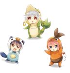  1girl 2boys bad_id chibi cosplay crossover gintama glasses kagura_(gintama) maruki_(punchiki) multiple_boys open_mouth oshawott oshawott_(cosplay) pokemon pokemon_(game) pokemon_black_and_white pokemon_bw sakata_gintoki shimura_shinpachi smile snivy snivy_(cosplay) tepig tepig_(cosplay) waving 