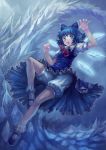  absurdres bloomers blue blue_eyes blue_hair blush bow cirno dress hair_bow hands highres ice mary_janes open_mouth oto_taku shoes short_hair snow solo spikes touhou upskirt wings yinzhai 