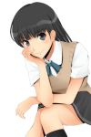  1girl amagami ayatsuji_tsukasa black_eyes black_hair black_kneehighs black_legwear blush cute face kishida-shiki kneehighs long_hair school_girl school_uniform simple_background skirt smile solo sweater_vest uniform 