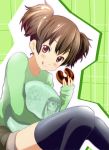  :q doughnut eating hatasuke hirasawa_ui k-on! nakano_azusa o_o pillow red_eyes short_hair short_twintails suzuki_jun thigh-highs thighhighs tongue twintails 