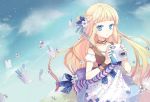  blonde_hair blue_eyes blunt_bangs camera choker dress ei_(pakirapakira) flower hair_flower hair_ornament hair_ribbon jin_young-in long_hair nail_polish original photo_(object) ribbon sky solo wristband 