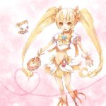  ameiro blonde_hair boots cure_sunshine dress face hair_ribbon heart heart_of_string heartcatch_precure! instrument long_hair magical_girl midriff myoudouin_itsuki navel pink_background potpourri_(heartcatch_precure!) potpourri_(precure) precure ribbon shiny_tambourine skirt tambourine twintails yellow_dress yellow_eyes 