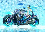  absurdres aqua_hair elbow_gloves fingerless_gloves gloves green_eyes hatsune_miku hatsune_miku_(append) highres long_hair miku_append motor_vehicle motorcycle navel necktie neon_trim smile solo soukuu thigh-highs thighhighs twintails vehicle very_long_hair vocaloid vocaloid_append yamaha 