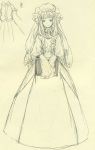  book book_hug dress frills graphite_(medium) hat highres light_smile long_hair long_sleeves monochrome patchouli_knowledge pixiv_manga_sample sketch solo standing sugi touhou traditional_media veil wide_sleeves 