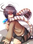 antenna_hair bad_id case cd highres idolmaster idolmaster_2 kikuchi_makoto kneehighs natsu_(anta_tte_hitoha) open_mouth scarf skirt striped striped_scarf sweater 