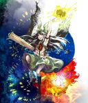  arm_up black_hair black_sun black_wings bow cape fire hair_bow long_hair nanami_(artist) pointing raised_hand red_eyes reiuji_utsuho solo third_eye touhou weapon wings 