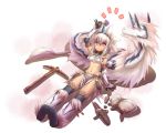  dagger elbow_gloves gloves hairband horns kirin kirin_(armor) loincloth monster_hunter mushroom navel nofutuer pickaxe pink_eyes silver_hair sitting tail tsukigami_chronica weapon 