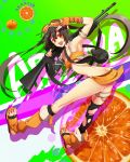  artist_request bad_id brown_hair butt_crack fingerless_gloves food fruit gloves goggles goggles_on_head gun highres long_hair makoto_(xtruth) midriff nail_polish open_mouth open_toe_shoes orange orange_eyes original star toes twintails weapon 