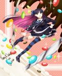  bow breasts cake candy chocolate dress food fork frills green_eyes hair_bow hand_on_hip inakou long_hair multicolored_hair nails panty_&amp;_stocking_with_garterbelt solo stocking_(character) striped striped_thighhighs thigh-highs two-tone_hair 