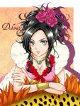  black_hair blue_eyes boa borongo bow bracelet breasts cleavage deborah dragon_quest dragon_quest_v dress earrings feather_boa flower hair_flower hair_ornament hair_up jewelry mole moon-p necklace purple_rose rose solo 