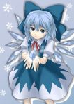  blue_hair bow caesar_et_cleopatra cirno face floating_object hair_bow hair_ribbon highres ice looking_up open_hands ribbon simple_background snowflakes touhou wings 