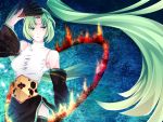  1girl bad_id detached_sleeves fan fire folding_fan green_eyes green_hair hatsune_miku heki_kiri highres long_hair solo thighhighs twintails vocaloid wallpaper zettai_ryouiki 