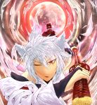  animal_ears artist_request bad_id border_of_season detached_sleeves hat highres inubashiri_momiji moon red_eyes short_hair solo sword tail tokin_hat touhou weapon white_hair wolf_ears wolf_tail 
