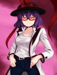  belt contemporary hat highres nagae_iku opagi purple_hair short_hair solo sunglasses touhou 