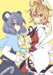  2girls :&lt; animal_ears bad_id bishamonten&#039;s_pagoda blonde_hair frown grey_hair holding_hands jeweled_pagoda jewelry mouse_ears mouse_tail multiple_girls nazrin ogino_(oginogino) pendant red_eyes shawl short_hair smile tail toramaru_shou touhou 