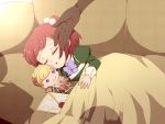  1girl beatrice blanket blonde_hair blue_eyes bow character_doll closed_eyes couch hair_bobbles hair_ornament hands highres letter niso redhead shadow sleeping umineko_no_naku_koro_ni under_covers ushiromiya_ange young 