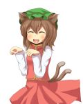  animal_ears brown_hair cat_ears cat_pose cat_tail chen closed_eyes fang hat multiple_tails open_mouth paw_pose ryousangata short_hair simple_background smile solo tail touhou 