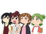  clothes_writing crossover gaijin_4koma hair_bobbles hair_bun hair_ornament koiwai_yotsuba marui_futaba marui_hitoha marui_mitsuba mitsudomoe multiple_girls parody twintails xusphere yotsubato! 