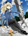  blonde_hair brown_eyes cat_ears cat_tail crossed_legs glasses gloves legs long_hair military military_uniform pantyhose perrine_h_clostermann sasaki_kouhei shirokuro sitting strike_witches sword tail uniform weapon 