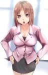  1girl brown_eyes brown_hair business_suit cleavage female formal hakka0320 office_lady open_mouth short_hair skirt_suit solo suit swot teacher umekawa 