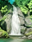  blue_sky moss no_humans original scenery shiratama_(hockey) sky stream tree water waterfall 