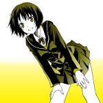  1girl amagami bent_over hands_on_knees highres leaning_forward monochrome satou_atsuki school_uniform short_hair smile solo tachibana_miya yellow yellow_eyes 