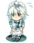  ahoge apron bad_id black_legwear black_thighhighs blush bow braid chibi chirosuke cleaning gloves green_eyes hair_bow izayoi_sakuya knife maid maid_headdress mary_janes polishing rag serious shoes short_hair silver_hair sitting sweatdrop thigh-highs thighhighs touhou twin_braids waist_apron wariza white_gloves zettai_ryouiki 