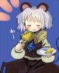  :3 animal_ears bad_id blush_stickers cheese fork grey_hair jewelry mouse_ears mouse_tail nazrin pendant plate shippoto silver_hair solo tail touhou white_hair 
