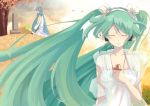  cheshuilishang closed_eyes grave green_hair hair_ribbon hatsune_miku headphones jewelry kaito long_hair necklace ribbon scarf spring_onion tombstone twintails very_long_hair vocaloid 