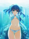  arms_behind_head blue_eyes blue_hair grin hair_bobbles hair_ornament highres kawashiro_nitori looking_at_viewer midriff navel no_bra no_pants open_clothes open_shirt panties sany shirt short_hair smile solo striped striped_panties touhou twintails underwater underwear 