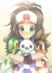  1girl blush brown_hair hat maku_(makupoteti) oshawott pokemon pokemon_(creature) pokemon_(game) pokemon_black_and_white pokemon_bw smile snivy tepig touko_(pokemon) 