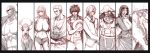  brook column_lineup everyone formal franky glasses hat highres huge_breasts large_breasts long_hair male monkey_d_luffy monochrome nami nico_robin one_piece q_azieru roronoa_zoro sanji scar short_hair straw_hat sword tony_tony_chopper usopp weapon 