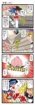  4koma ass blue_hair comic dei_shirou food fruit gradient_hair hat highres hijiri_byakuren hinanawi_tenshi hip_attack multicolored_hair multiple_girls orenji_zerii peach red_eyes ribbon touhou translated translation_request 