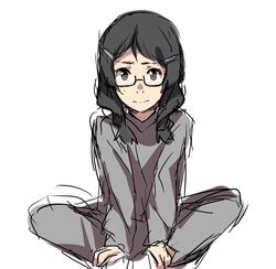  black_hair braid freckles glasses hair_ornament hairclip kuragehime kurashita_tsukimi safe sitting sketch solo twin_braids weee_(raemz) 