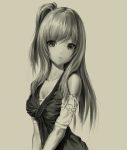  bare_shoulders breasts cleavage dress face head_tilt highres lips long_hair looking_at_viewer monochrome ponytail sepia simple_background solo weky_(cldacg) 